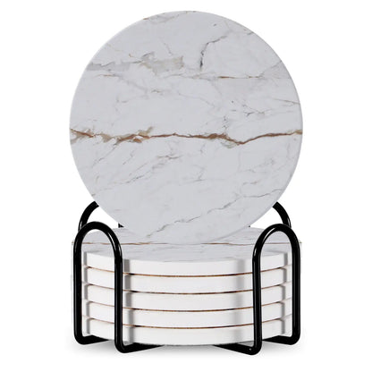 Set Of 6 Beverage Coasters With Stand Round 4in Ceramic Coaster With Metal Stand Absorbent Marble Stone Coaster With Cork Base