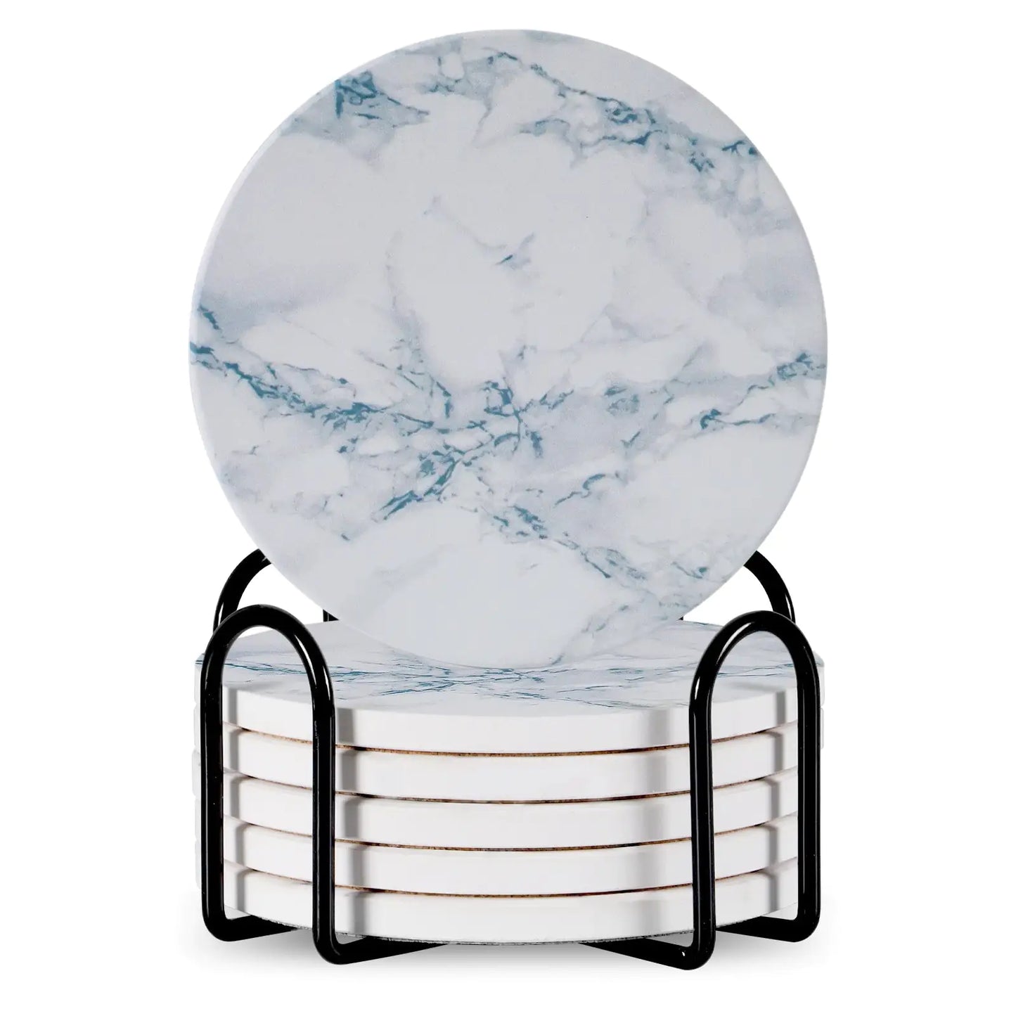 Set Of 6 Beverage Coasters With Stand Round 4in Ceramic Coaster With Metal Stand Absorbent Marble Stone Coaster With Cork Base