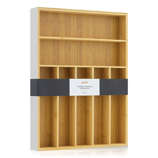 JoyJolt Bamboo Drawer Organizer 7-Compartment Silverware Organizer Cutlery and Utensil Organizer Drawer Organizers for Garage Kitchen and Bathroom Organizer Drawers for Kitchen Utensils