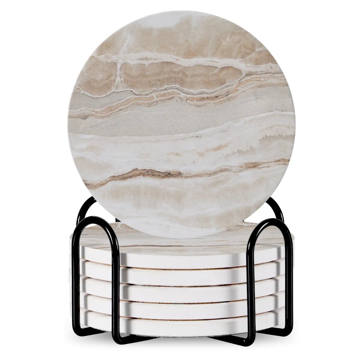 Set Of 6 Beverage Coasters With Stand Round 4in Ceramic Coaster With Metal Stand Absorbent Marble Stone Coaster With Cork Base