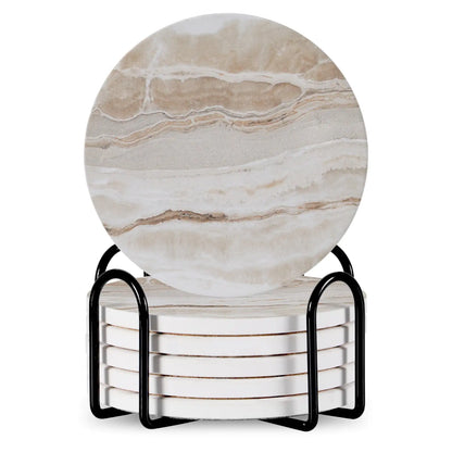 Set Of 6 Beverage Coasters With Stand Round 4in Ceramic Coaster With Metal Stand Absorbent Marble Stone Coaster With Cork Base