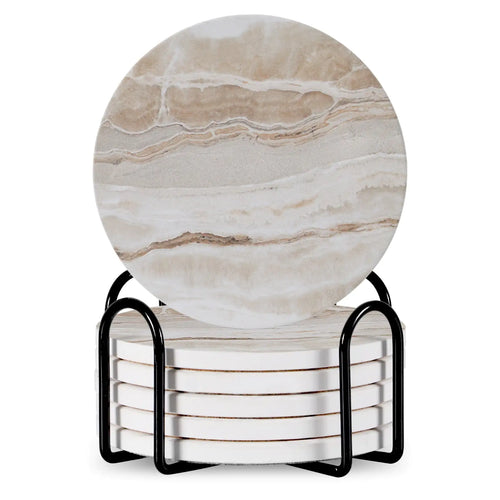 Set Of 6 Beverage Coasters With Stand Round 4in Ceramic Coaster With Metal Stand Absorbent Marble Stone Coaster With Cork Base