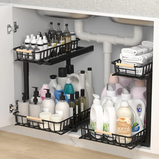 VIVAHEARTH Under Sink Organizer Metal Larger Under Cabinet Organizers and Storage Undersink Pull Out Organizer for Bathroom Kitchen - 2 Pack (Black)