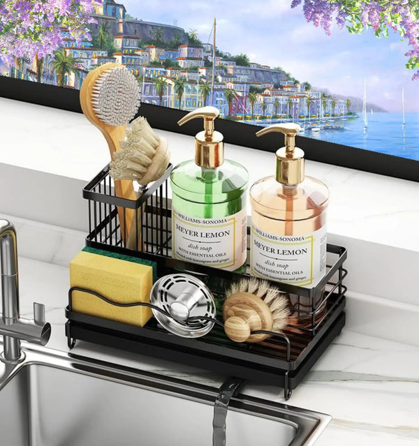 Sponge Holder for Kitchen Sink Sink Caddy with High Brush Holder Kitchen Sink Organizer Rustproof 304 Stainless Steel Soap Dispenser Kitchen Organizers and Storage Accessories (Black Large)