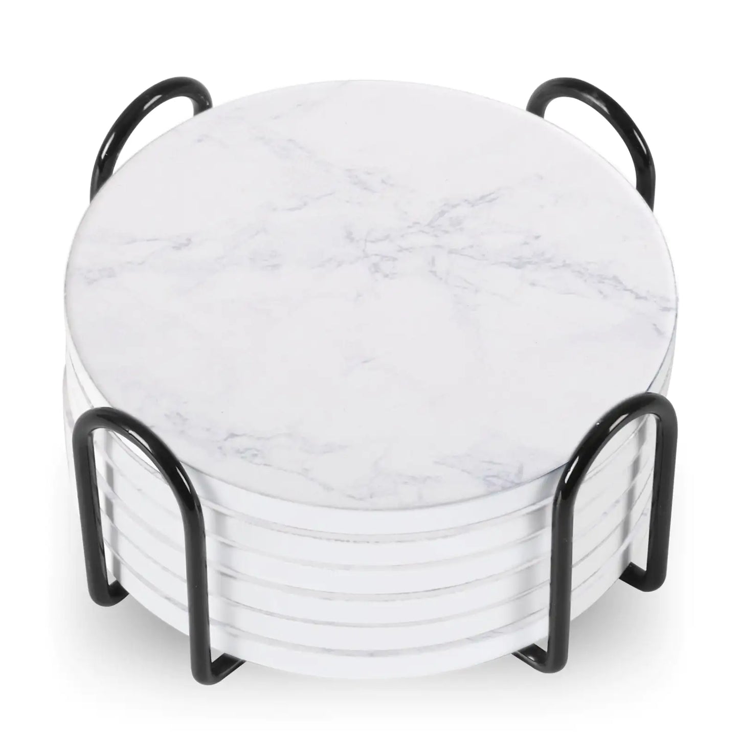 Set Of 6 Beverage Coasters With Stand Round 4in Ceramic Coaster With Metal Stand Absorbent Marble Stone Coaster With Cork Base