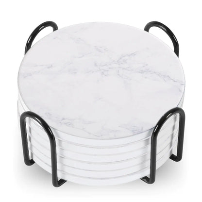 Set Of 6 Beverage Coasters With Stand Round 4in Ceramic Coaster With Metal Stand Absorbent Marble Stone Coaster With Cork Base