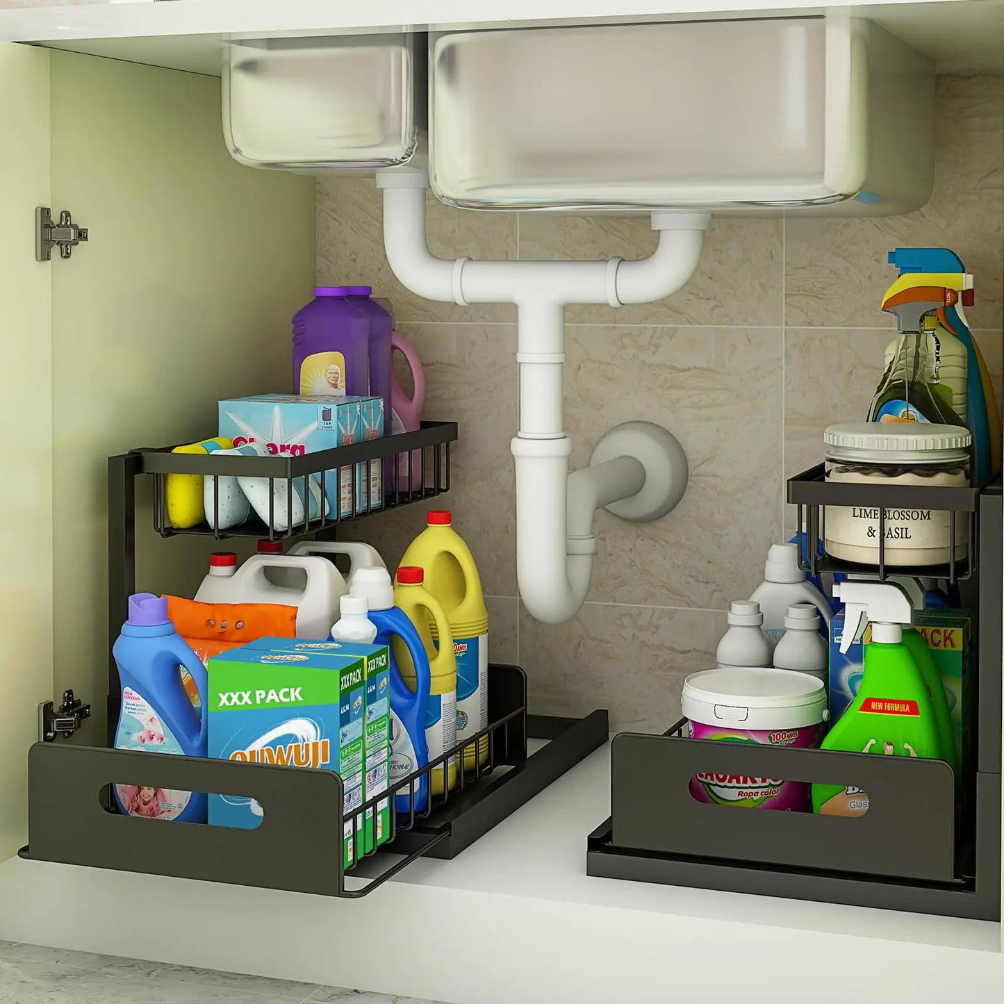 Webetop Under Sink Organizer Kitchen 2 Pack Pull Out Cabinet Organizer 2 Tier Underneath Sink Organizers and Storage Shelves Slide Out Sink Shelf for Kitchen Bathroom Pantry Cabinet Home