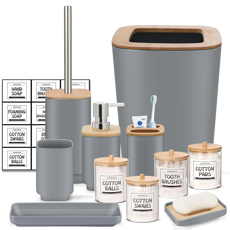 11-Piece Grey Bathroom Accessories Set – Soap Dispenser, Q-Tip Holders, Trash Can, Toilet Brush, Tray & More