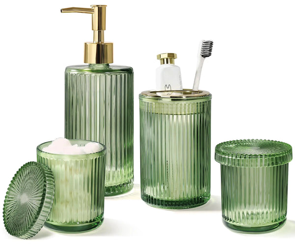 Green Glass Bathroom Accessories 4 Pcs Green Bathroom Set Green Soap Dispenser and Toothbrush Holder Set Qtip Holder Set Vintage Green Bathroom Sink Set Cute Bathroom Decor