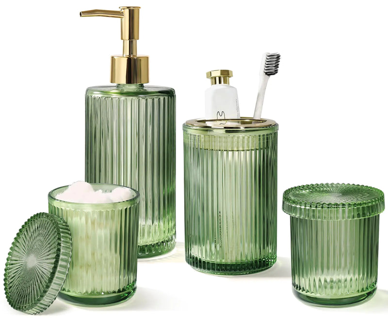 Green Glass Bathroom Accessories 4 Pcs Green Bathroom Set Green Soap Dispenser and Toothbrush Holder Set Qtip Holder Set Vintage Green Bathroom Sink Set Cute Bathroom Decor