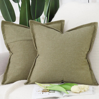 MADIZZ Set of 2 Linen Throw Pillow Covers with Broad Edge Soft Boho Decorative Pillow Cases for Sofa Bedroom Modern Pillow Shell 16x16 Inch Moss Green