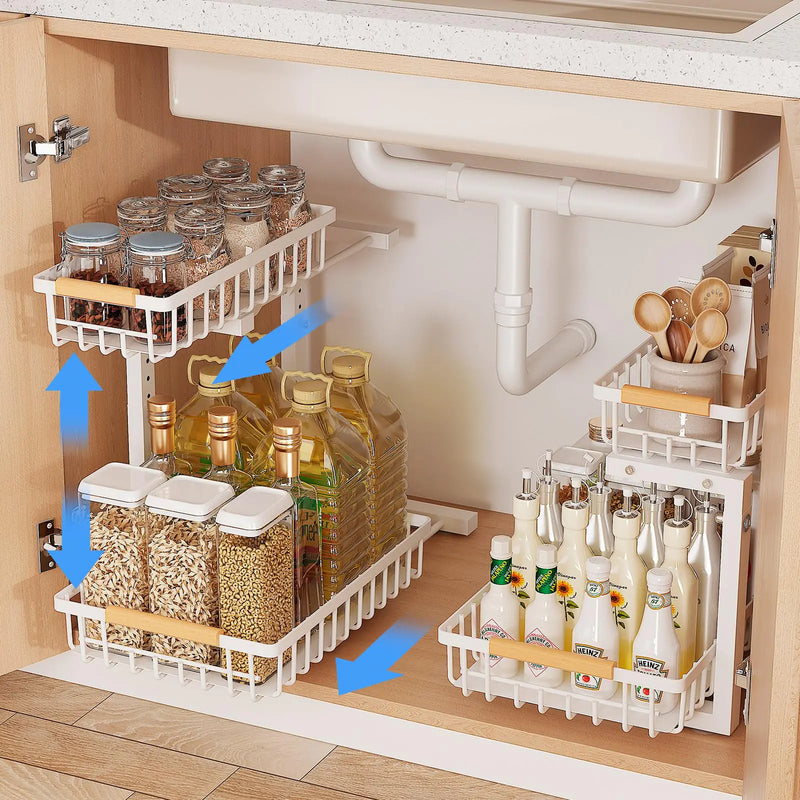 FAMIDGE Under Sink Organizer 2 Pack 2 Tier Slide Out Under Sink Organizers and Storage Height Adjustable Pull Out Cabinet Organizers Drawers Kitchen Bathroom Metal Sink Storage Shelves White