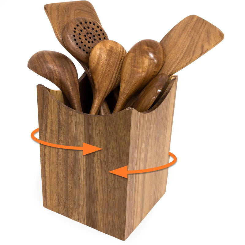 Yikaroeli 360° Rotating Utensil Holder Acacia Wooden Utensil Holder 7.2" Large Kitchen Utensil Holder Wood for Kitchen Counter Used for Farmhouse Spatula Holder Countertop Decoration
