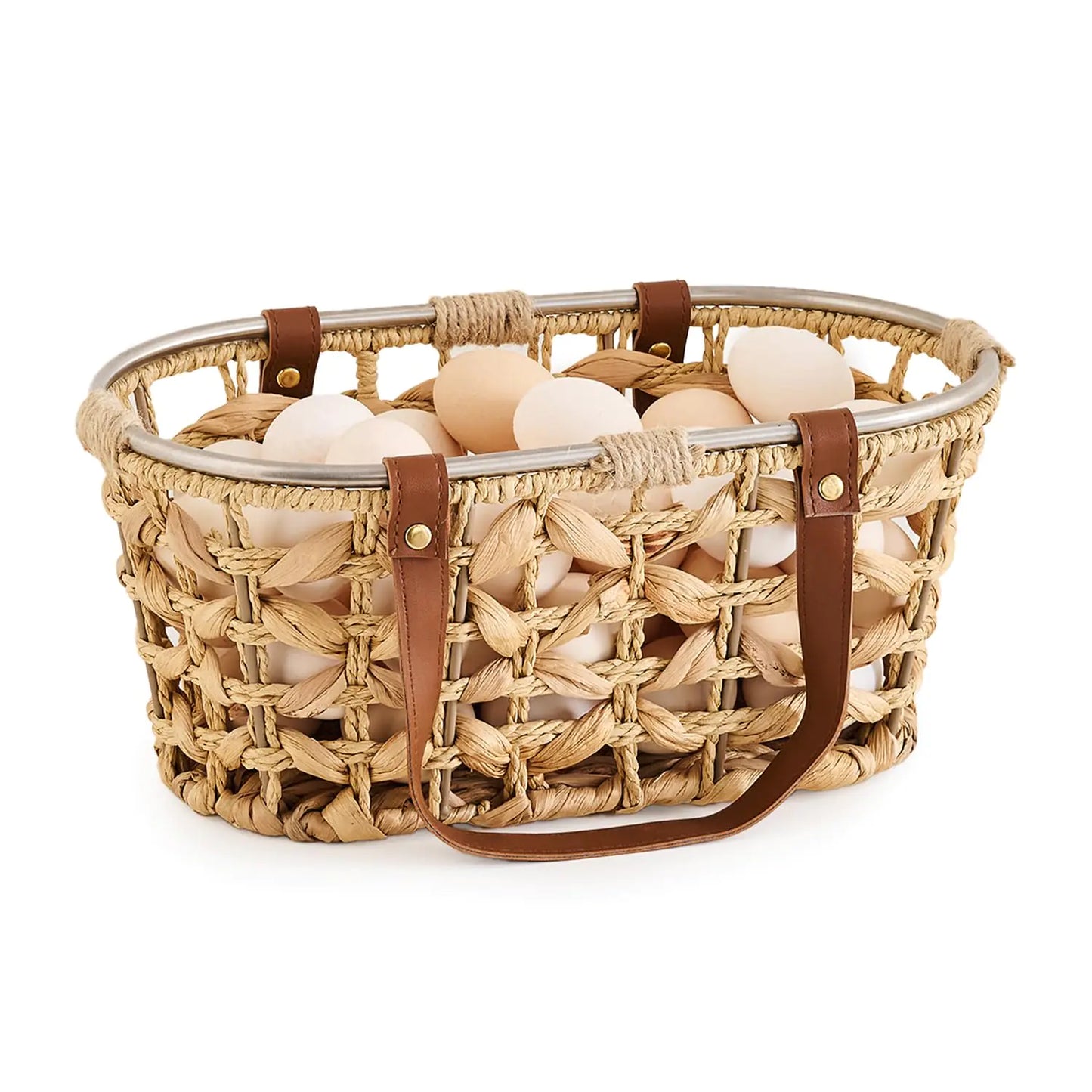 LGENHOOM Farmhouse Water Hyacinth Egg Baskets for Collecting Fresh Eggs Handmade Wicker Egg Collecting Basket Oval Storage Basket with Handle Picnic Basket Harvest Basket Bread Basket Bin
