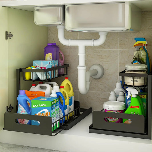 Webetop Under Sink Organizer Kitchen 2 Pack Pull Out Cabinet Organizer 2 Tier Underneath Sink Organizers and Storage Shelves Slide Out Sink Shelf for Kitchen Bathroom Pantry Cabinet Home