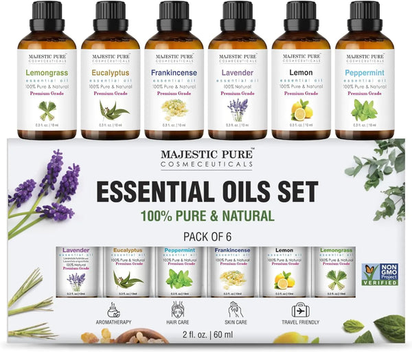 Majestic Pure 100% Pure Essential Oils Set - 6 x 10ml (Peppermint Lavender Eucalyptus Tea Tree Lemongrass) For Diffusers Aromatherapy Candles Humidifiers